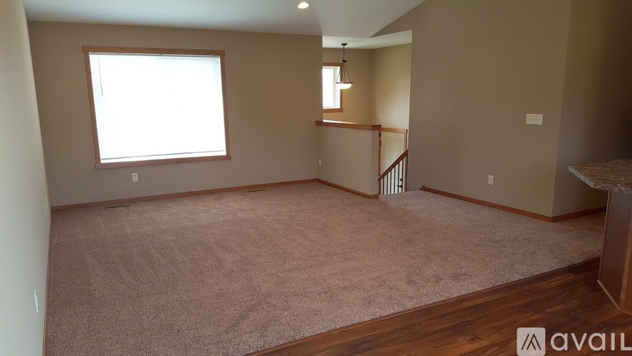 A room with a carpeted floor and a window.