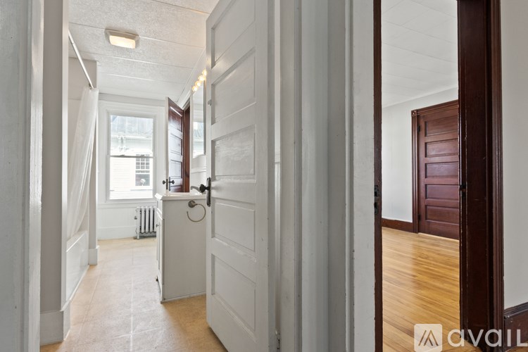 A hallway with a white door and a brown door at the end.