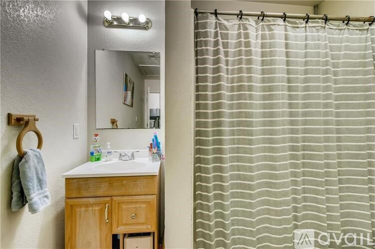 A bathroom with a shower curtain and a wooden vanity.