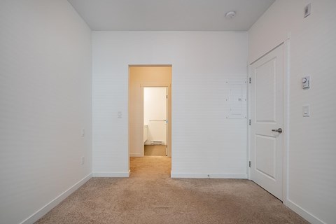 A room with a carpeted floor and a doorway leading to another room.