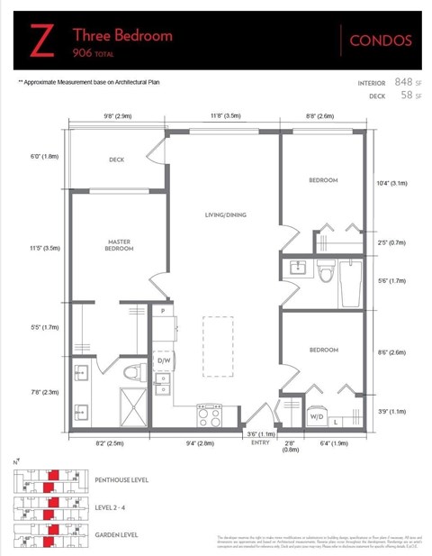 A detailed architectural drawing of a three bedroom condo.