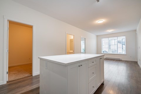 A white kitchen with a large island and a brown door.