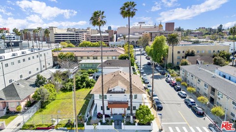 A street view of a residential area with houses, cars, and palm trees.