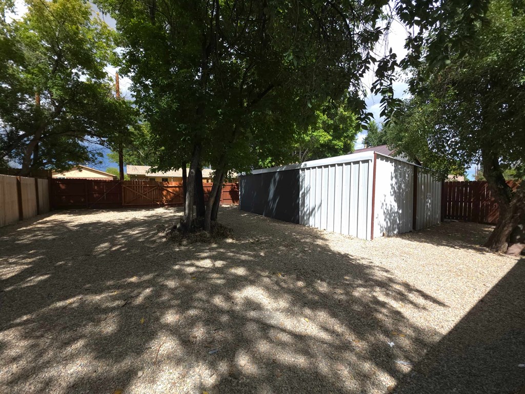 A backyard with a tree, a fence and a shed.
