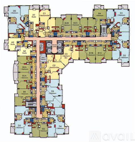 A detailed floor plan of a building with multiple rooms and corridors.