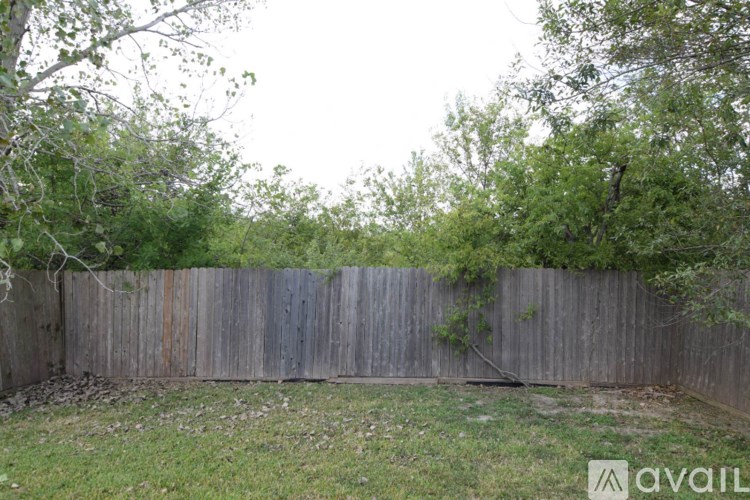 A backyard with a wooden fence and green grass.