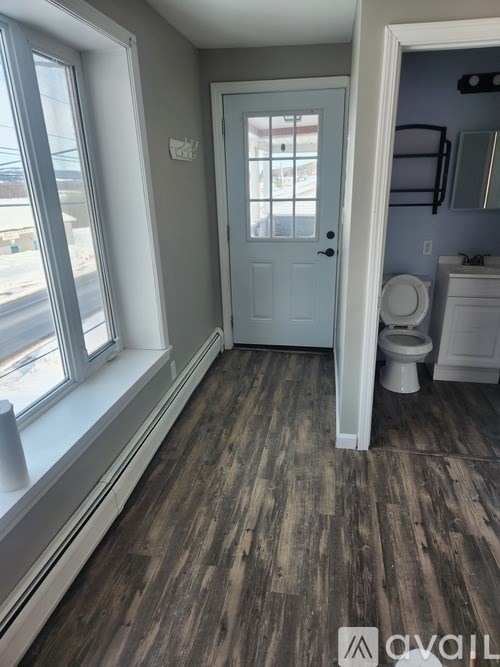 A room with a white toilet and a blue door.