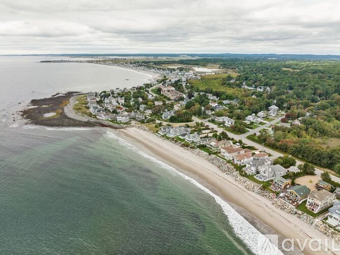 A beachfront community with houses and a sandy beach.