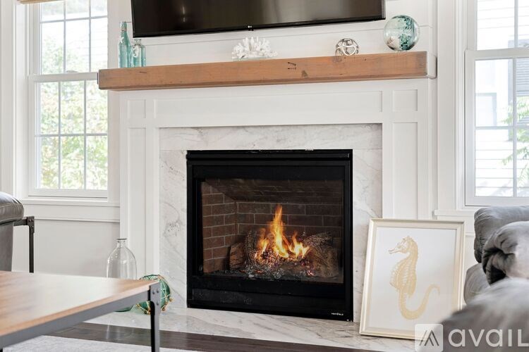 A fireplace with a fire burning inside and a picture of a dragon on the mantle.