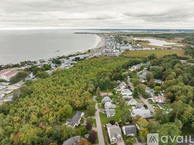 A bird's eye view of a coastal residential area with houses, trees, and a beach.