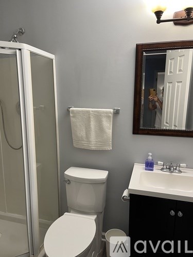 A bathroom with a toilet, sink, mirror and shower.