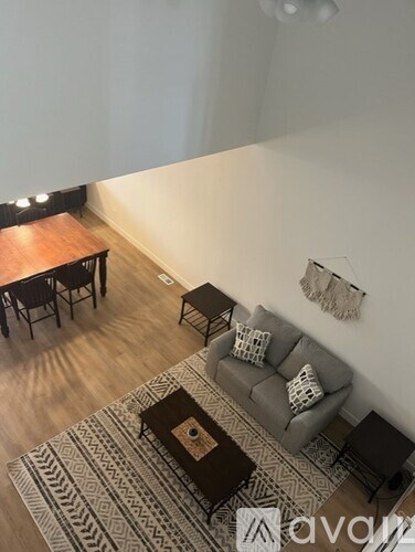 A living room with a grey sofa and a patterned rug.