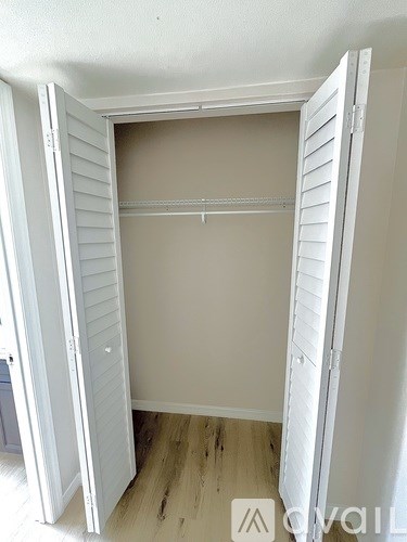 A white closet with a shelf and a door open.