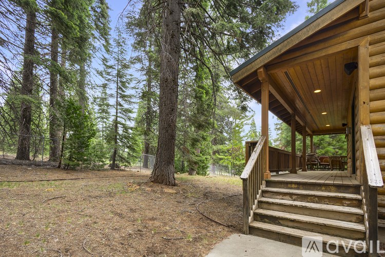 A wooden cabin is surrounded by tall trees.