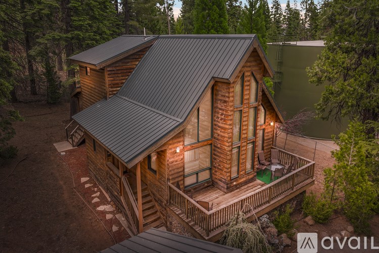 A wooden cabin with a metal roof is surrounded by trees.