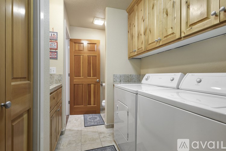 A laundry room with a washer and dryer and a wooden door.