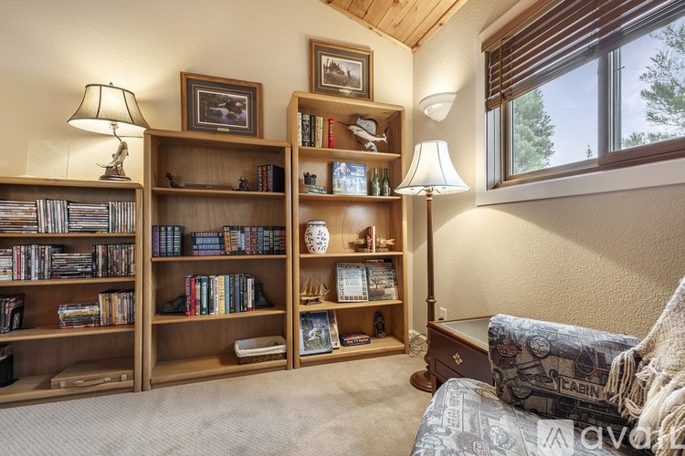 A room with a couch, bookshelves, and a window.