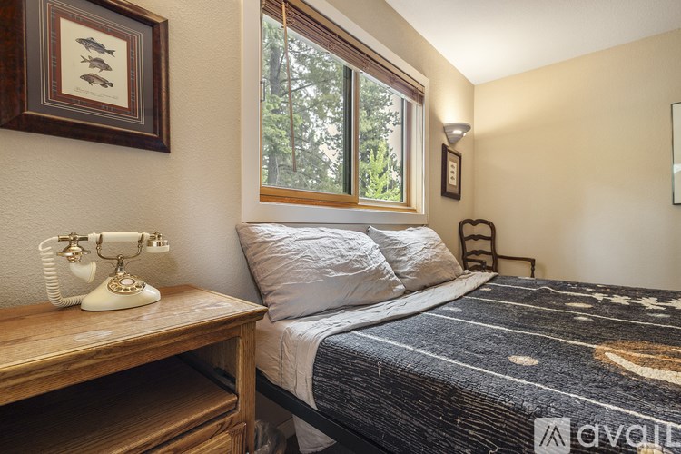 A bedroom with a bed, nightstand, and window.