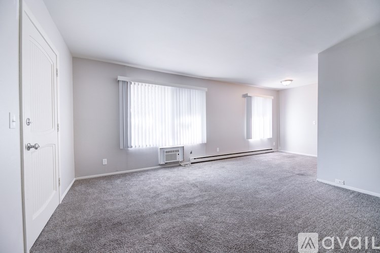 A spacious room with carpeted floor, two windows with curtains, and a door on the left side.