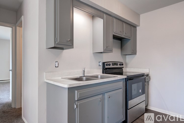 A kitchen with a stove, sink, and cabinets.
