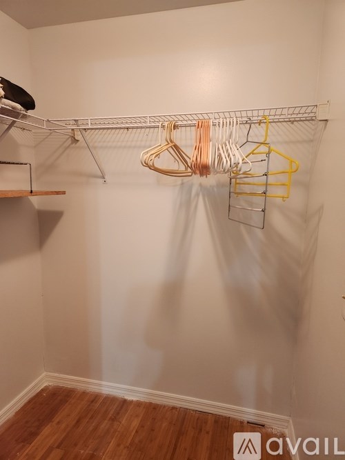 A white closet with a clothes rack and a shelf.