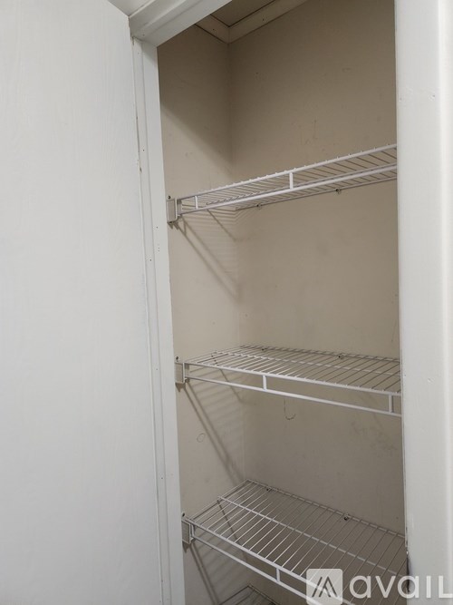 Empty white shelves in a white closet.