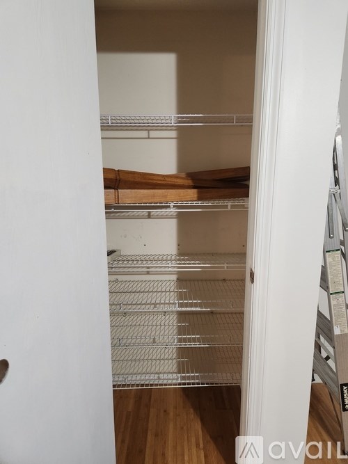 Empty shelves in a white pantry.