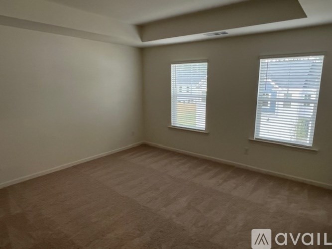 A room with two windows and a carpeted floor.
