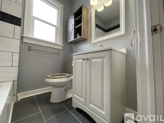 A bathroom with a toilet, a cabinet, and a mirror.