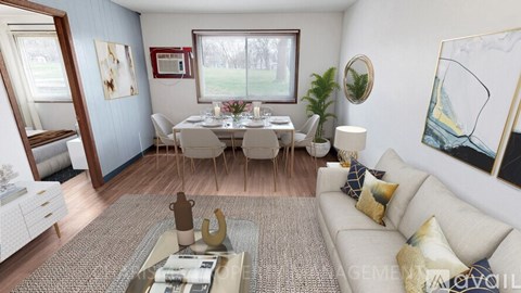 A living room with a white couch and a coffee table in the center.