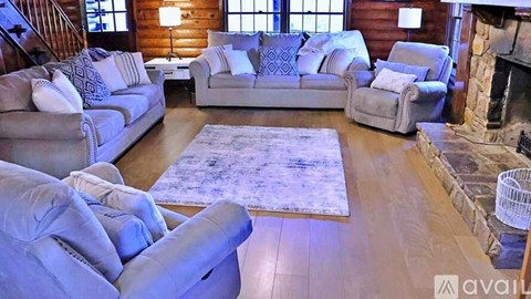 A living room with a grey couch and a rug.