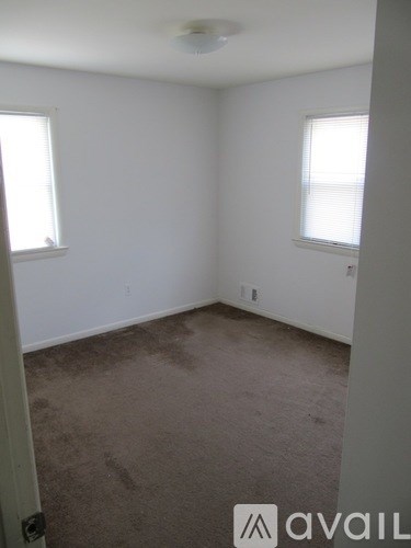 A room with carpeted floor and two windows.