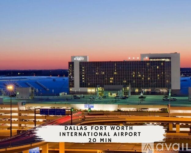 Dallas Fort Worth International Airport is shown at dusk with a 20-minute travel time.