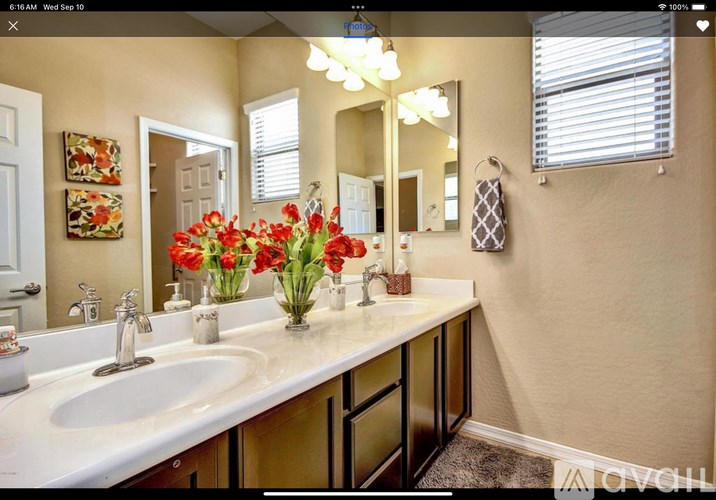 A bathroom with a vanity, a mirror, and a vase of red flowers.