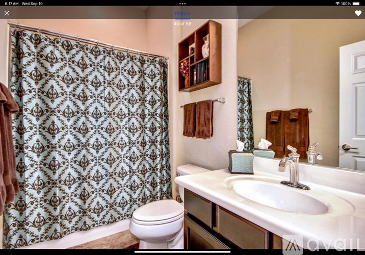 A bathroom with a patterned shower curtain and a white toilet.