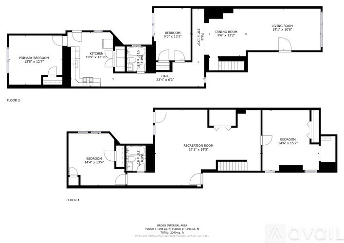 A black and white image of a two-story house floor plan.