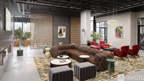 A modern living room with a variety of seating options and a patterned rug.