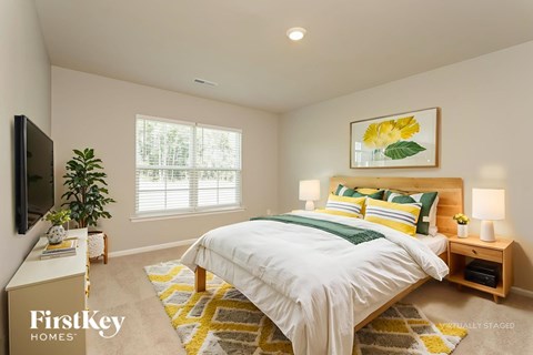 A bedroom with a bed, a television, and a potted plant.