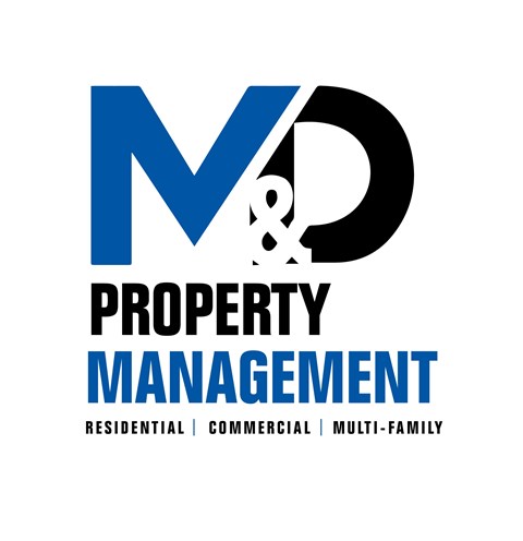 The image is a logo for a company named "M&D Property Management" that deals with residential, commercial, and multi-family properties.