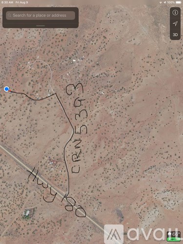 A map with a route marked from a blue dot to a green area.