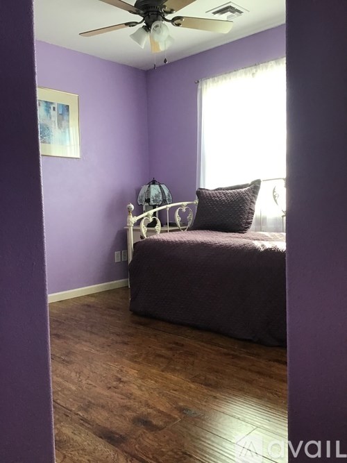 A bedroom with purple walls and a bed with a pillow.