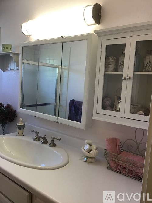A bathroom with a white sink and a white cabinet with a mirror above it.