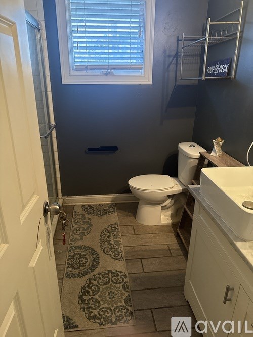 A bathroom with a toilet, sink, and a rug on the floor.