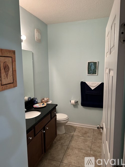 A bathroom with a toilet, sink, and mirror.