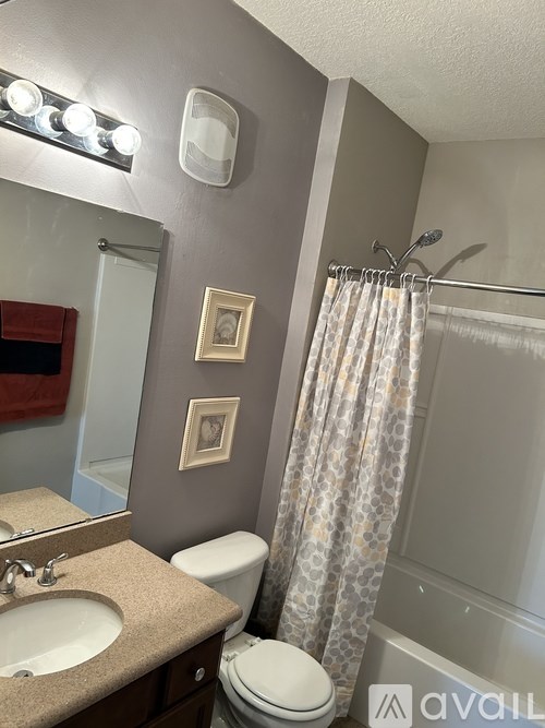 A bathroom with a toilet, sink, and shower.