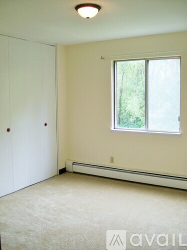 A room with a window and a white door.