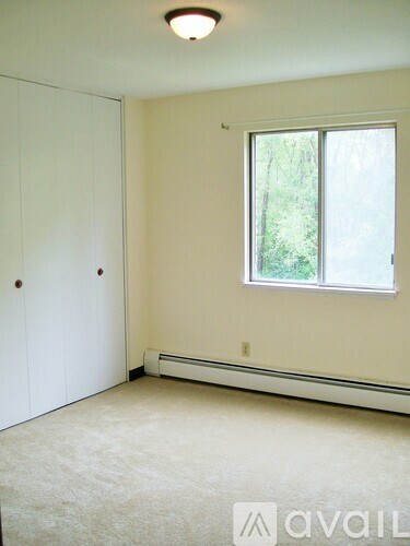A room with a window and a white door.