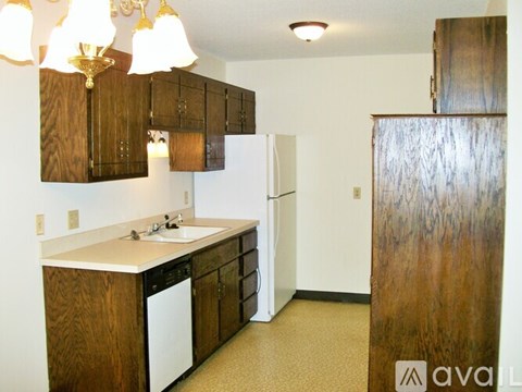 A kitchen with wooden cabinets and a white dishwasher.