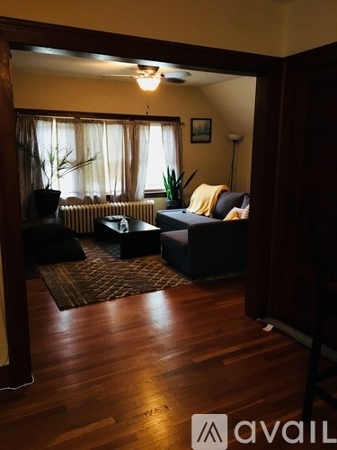 A living room with a couch, chair, and a rug.