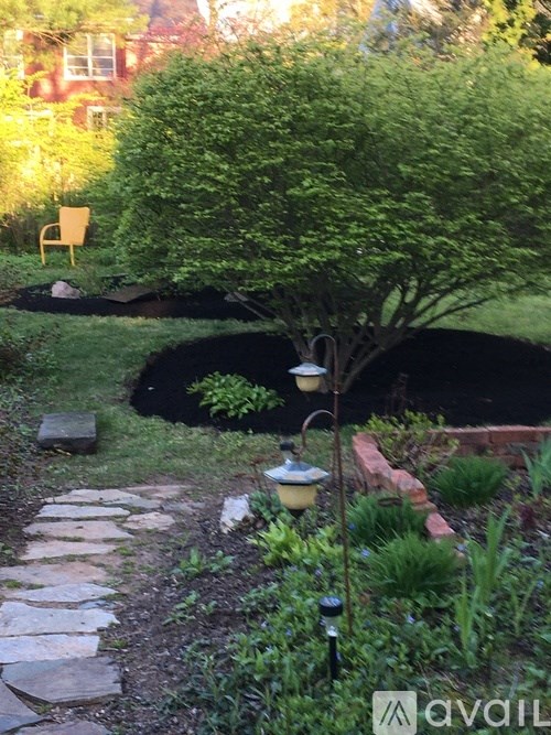 A garden with a stone pathway and a tree.